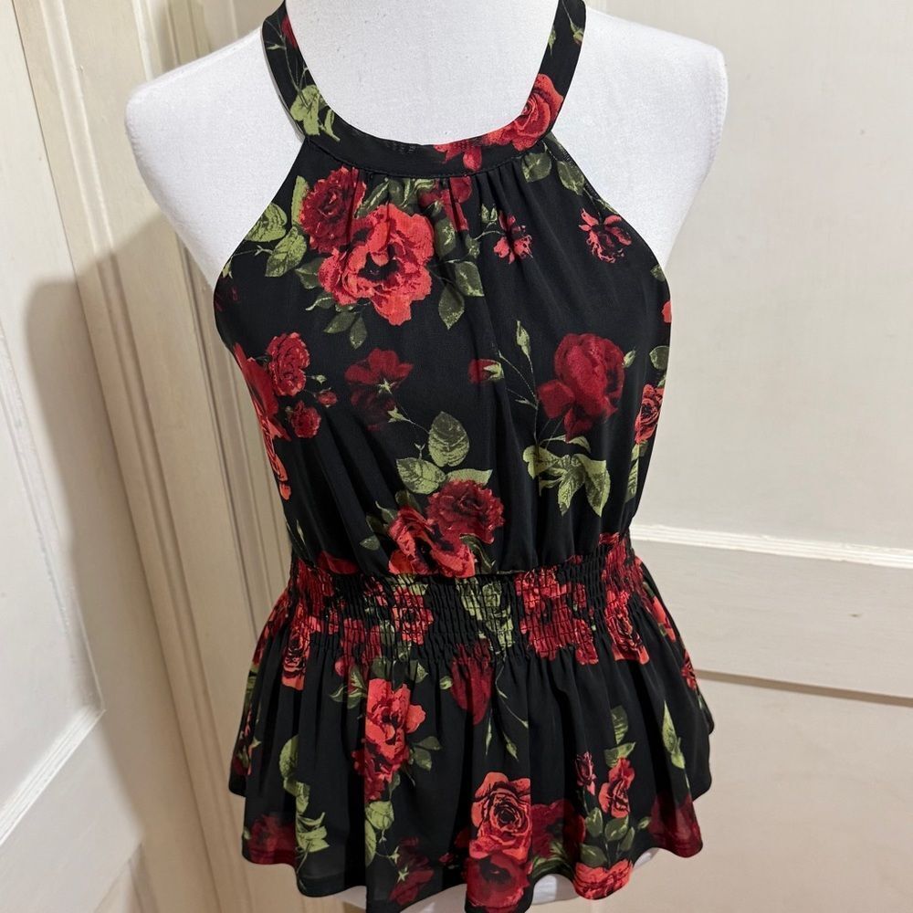 Ember Elegant Floral Halter Top - Black and Red